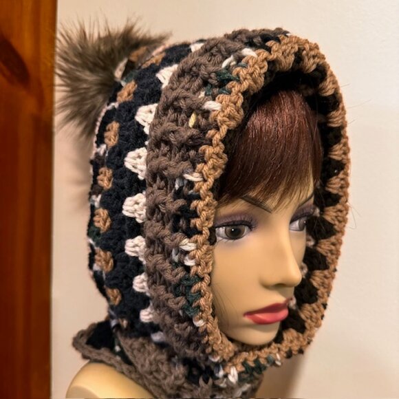 Hand Knit / Crochet Granny Style Hoodie with ties & faux fur pom pom for winte - Picture 2 of 10